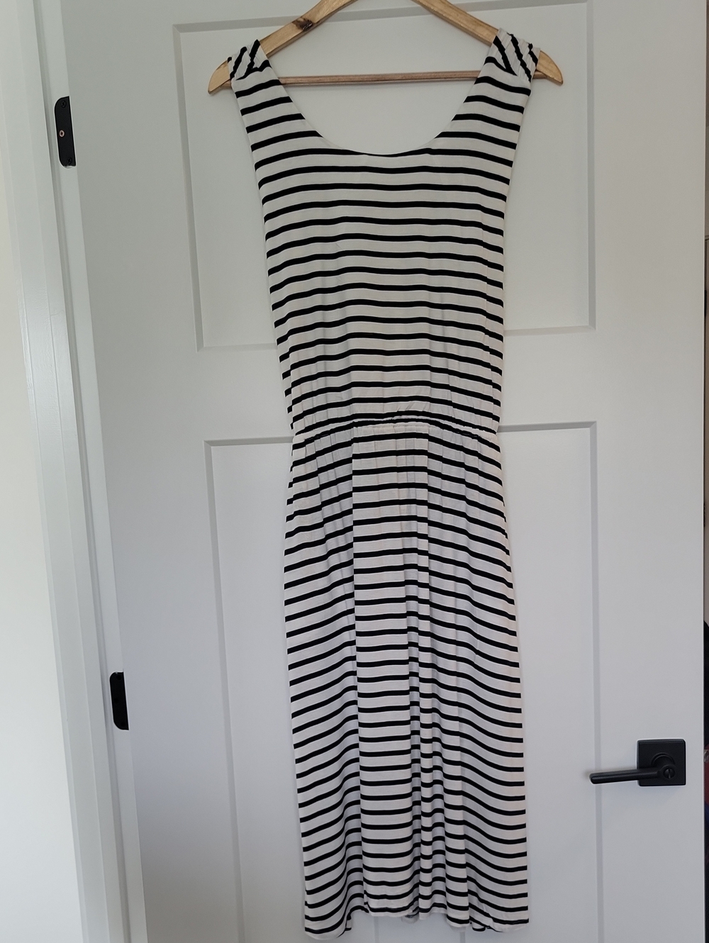 LOFT Black and White Striped Midi Dress With Open Cross Back Design